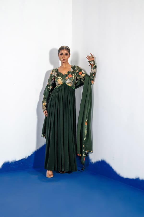 Green Anarkali Kurta Set with Embroidered Yoke and Dupatta — SHRISTICHETANI