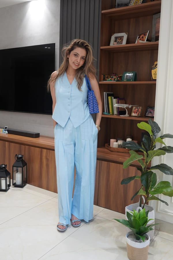 Blue Linen Waistcoat and Wide-Leg Pants Co-ord Set — Design By Queen Bee