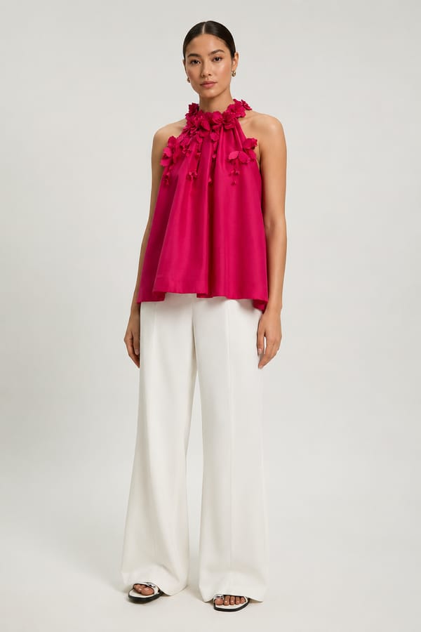 Floral Applique Woven Halter Woven Blouse — KAREN MILLEN