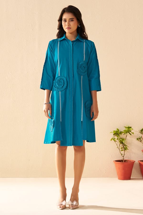 Blue Poplin Shirt Dress with 3D Rosette Appliques — Savaaya