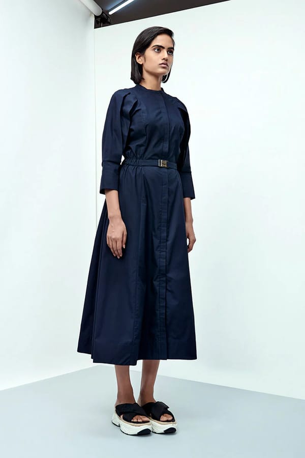 Space Blue Midi Shirt Dress with Buckle Waist — NOTEBOOK