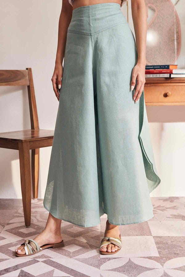 Sea Green High-Rise Flared Linen Trousers — YELL