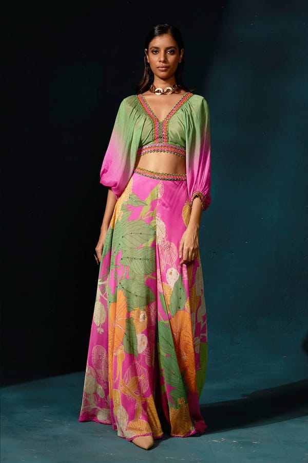 Fuschia Pink Ombre Crop Top and Printed Palazzo Co-ord Set — Basil Leaf