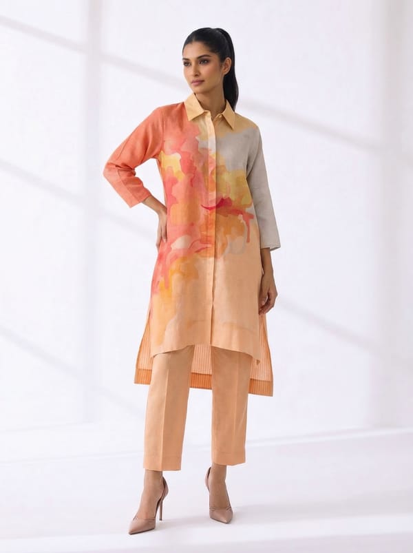 Peach Kurta Set Korean Linen — CLOS