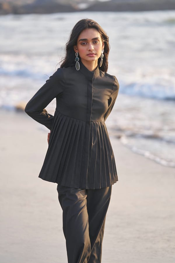 Black Pleated Peplum Top with Band Collar — Dash and Dot