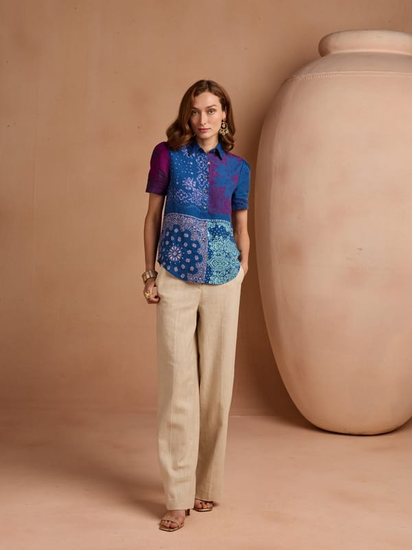 Blue Colorblocked Placement Print Collared Shirt — Style Island