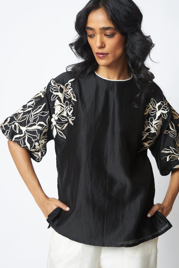 Black Chanderi Silk Embroidered Sleeve Top — Madder Much