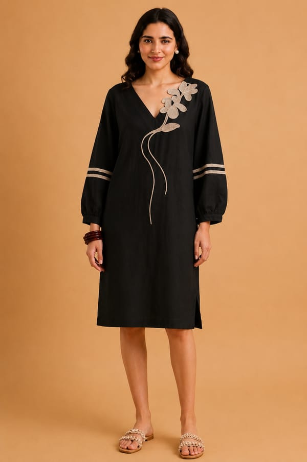 Black V-Neck Knee-Length Dress with Floral Embroidery — ANISETTE