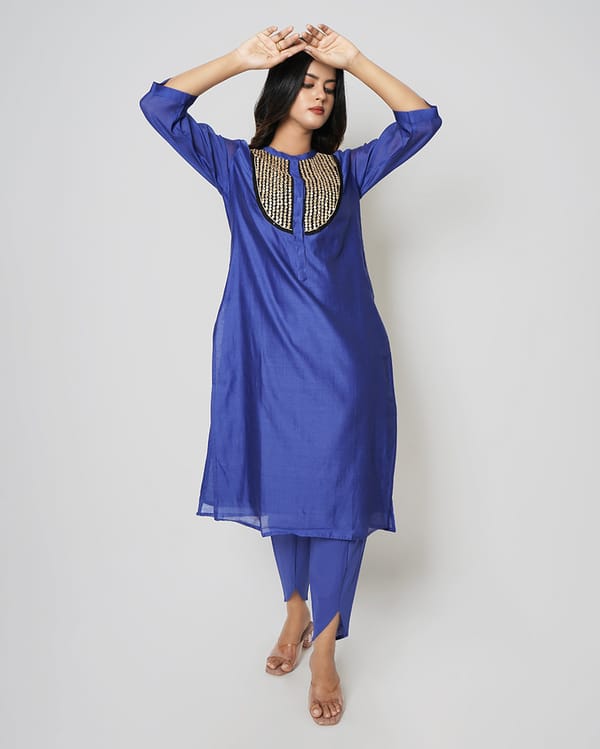 Metallic Blue Marori Sequins Work Chanderi Kurta — Kameez
