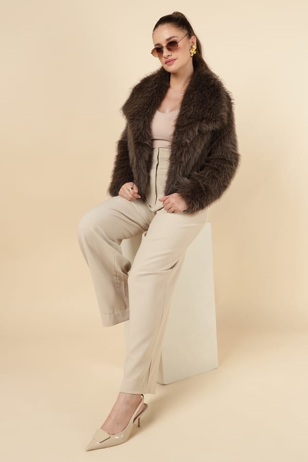 Brown Cropped Faux-Fur Jacket with Lapel Collar — ESSILA
