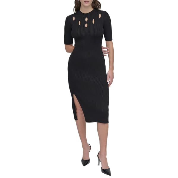 Black Rib-Knit Bodycon Midi Dress with Cut-Out Yoke — DKNY