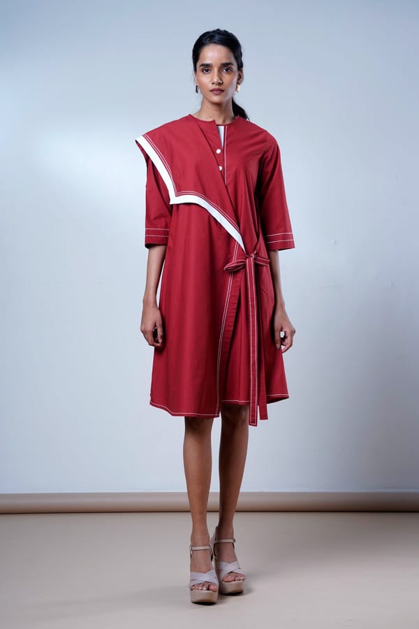 Red Asymmetrical Knee-Length Poplin Cotton Dress — Madder Much