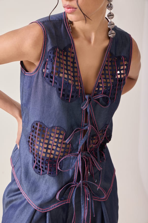 Indigo Tencel Denim Tie-Up Cutwork Vest — Needle Ten