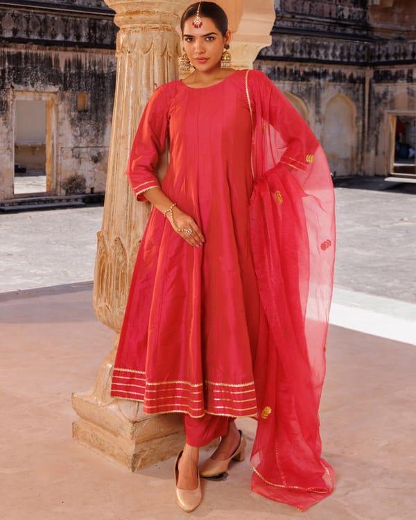 Pink Raw Silk Gota Patti Work Anarkali Set — Bannhi by Priyanka Rathore
