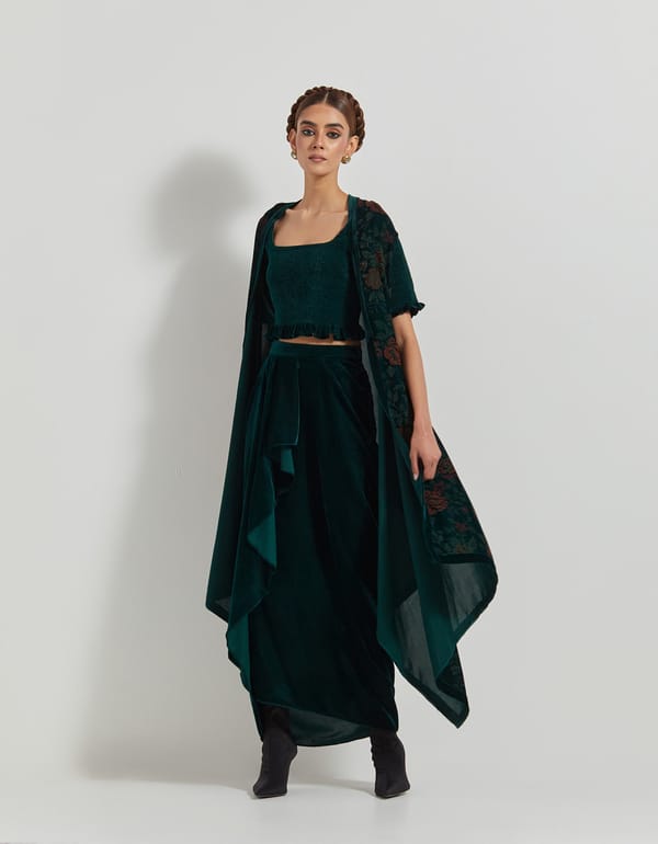 Bottle Green Velvet Cape Co-ord Set with Draped Maxi Skirt — Kavita Bhartia