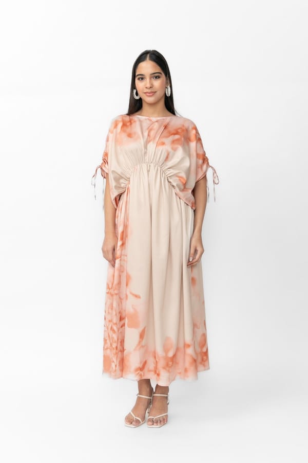 Peach Abstract Printed Kaftan Maxi Dress — Contemponari