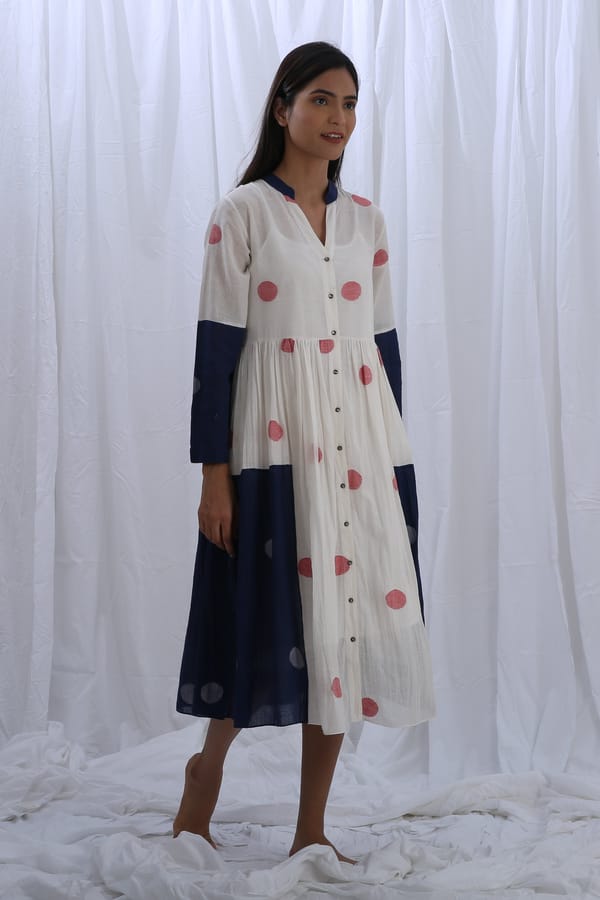 White and Navy Colorblock Polka Dot Long Shirt — Khat