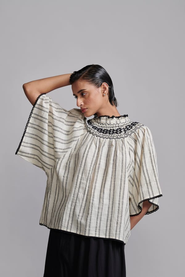 Ecru/Black Striped Smocked High Neck Boho Blouse — Dash and Dot