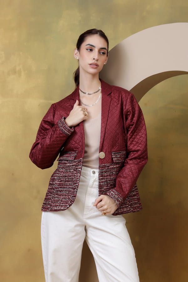 Burgundy Half-and-Half Quilted and Boucle Tailored Blazer — Rhe-Ana