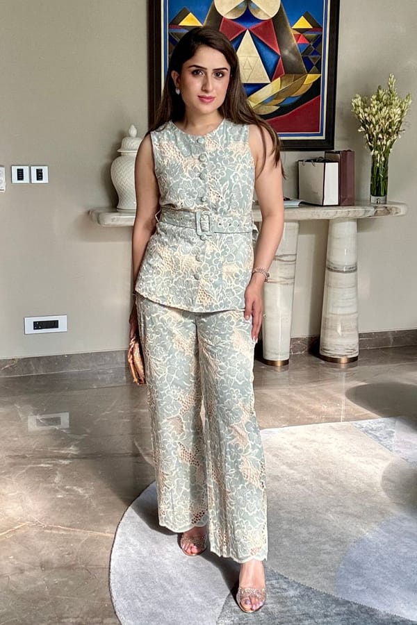 Blue Floral Lace Vest and Pants Co-ord Set — AVERIE