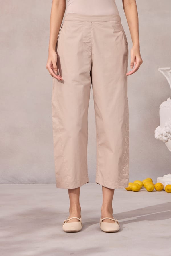Ginger Beige Cropped Barrel-Tapered Cotton Poplin Trousers — 63East