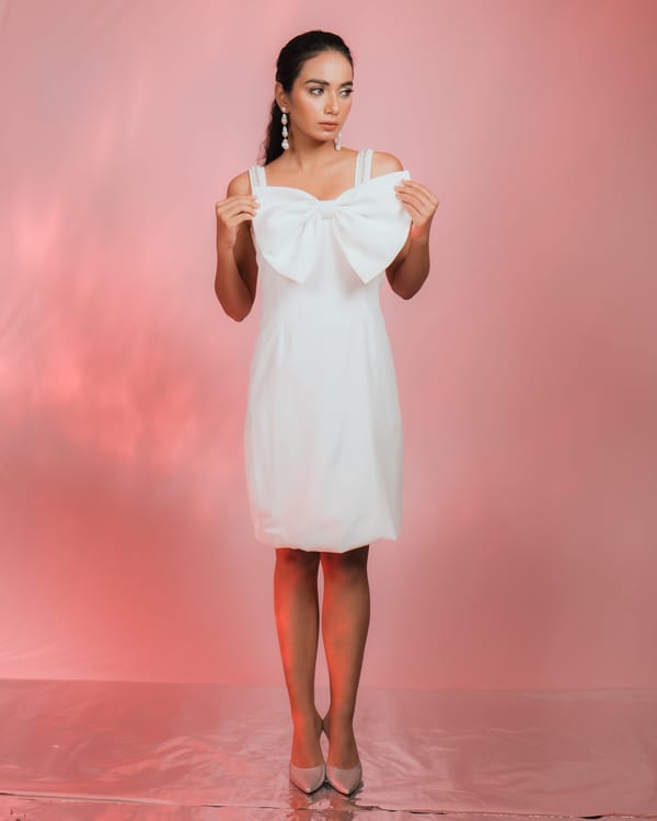 Ivory Sheath Dress with Oversized Bow and Embellished Straps — Darling Girl