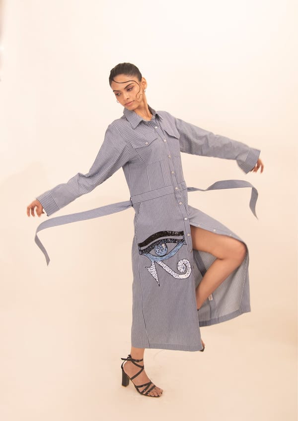 Blue and White Stripe Cotton Long Dress with Embroidery — Richa Goenka