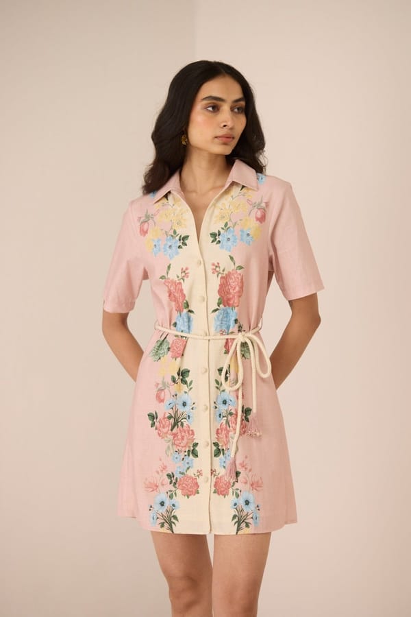 Blush Botanical Floral Button-Down Mini Shirt Dress with Belt — Calling June
