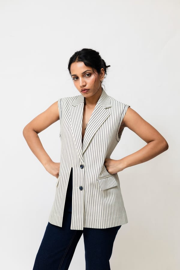 White Pinstriped Denim Waistcoat with Front Slit — Shop Staple