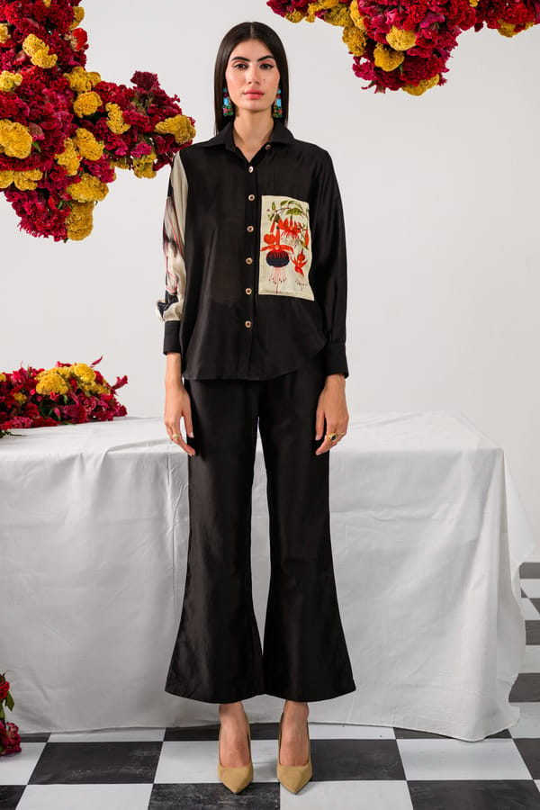 Black Chanderi Silk Shirt with Printed Sleeves — The Dramebaaz Company