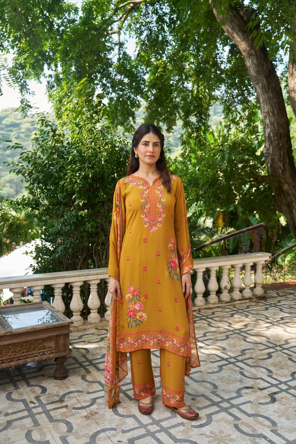Mustard Floral Printed Kurta Set with Dupatta — NARAYANI VASTRA