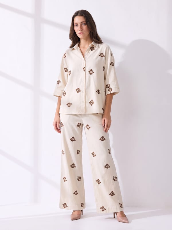 Ivory Floral Printed Shirt & Pants Cordset. — THE LUXURY DRESSING