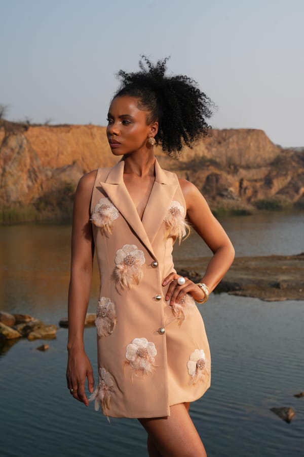 Beige 3D Floral Sleeveless Blazer Mini Dress — Label IRIS
