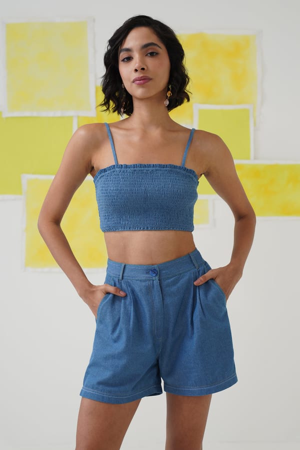Blue Smocked Crop Tube Top with Shoulder Straps — STITCH STORIES