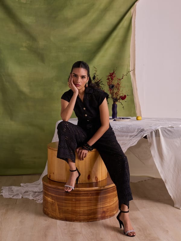 Black Cotton Schiffli Cutwork Button-Down Jumpsuit — Style Island