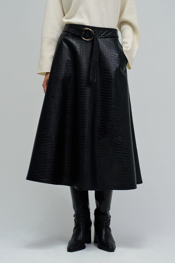 Black Croc-Embossed Belted A-Line Midi Skirt — SALSA JEANS