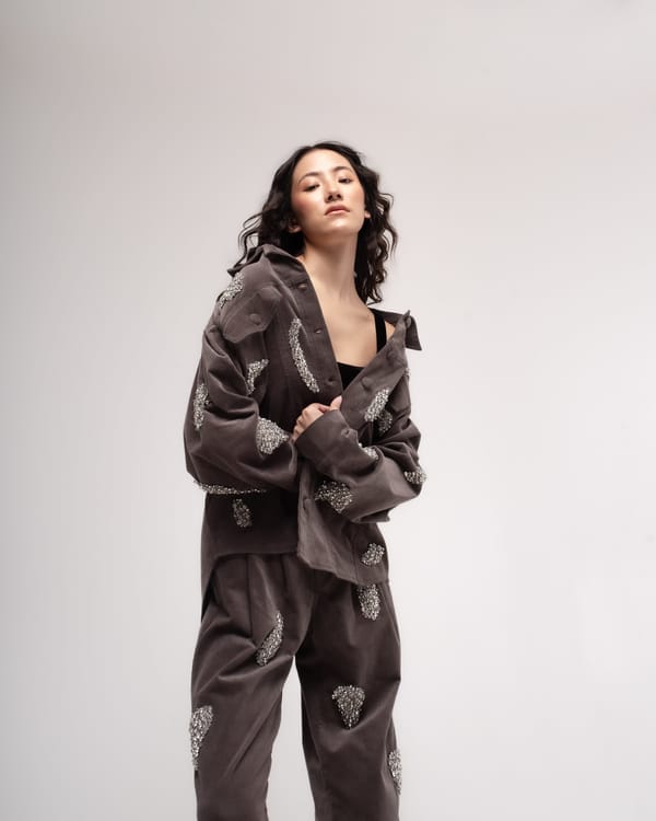 Grey High-Waisted Crystal-Embellished Corduroy Trousers — MAGIA