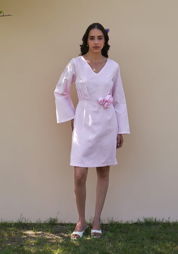 Baby Pink V-Neck Cotton-Linen Mini Dress with Rosette — AMOSHI