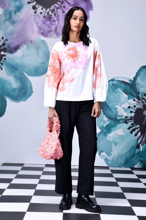 White Coral Floral Print Round Neck Cotton Poplin Top — Genes Lecoanet Hemant