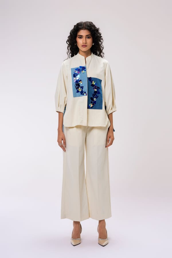 Ivory Shirt and Wide-Leg Pants Co-ord Set with Embellishment — KOR
