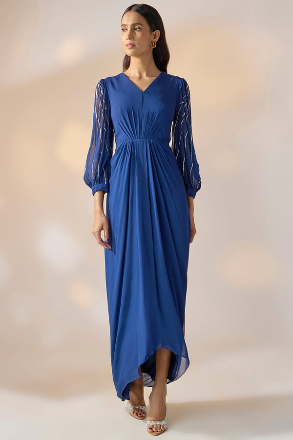 Blue Georgette V-Neck Maxi Evening Gown — EWOKE STUDIO