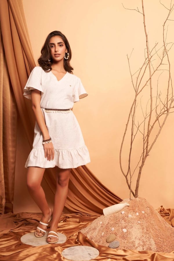 V-Neck White Cotton Dress With Flounce Sleeves — Western Era