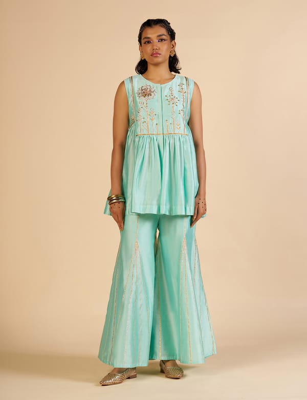 Aqua Flared Gharara Trousers with Gold Detail — Gulabo by Abu Sandeep