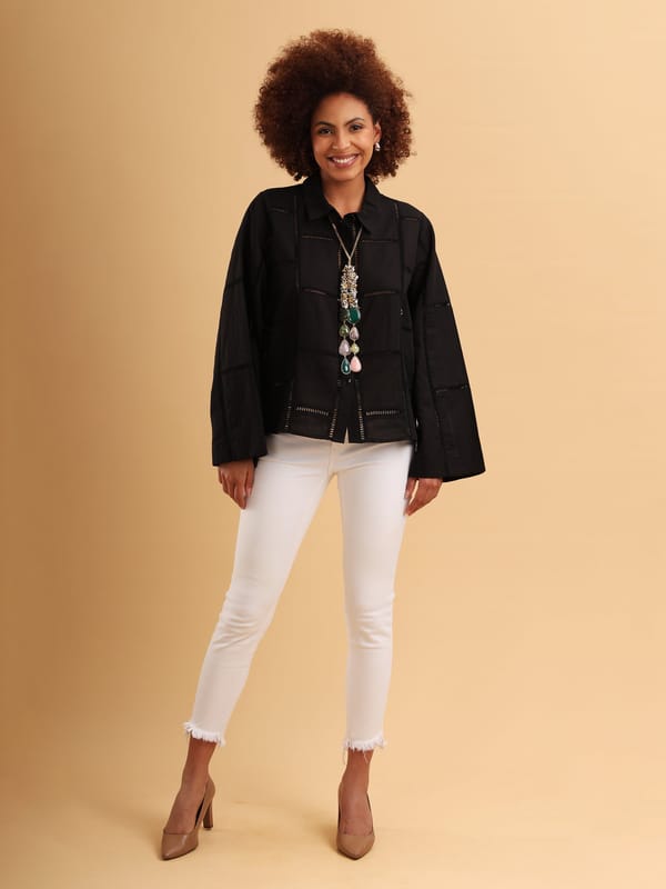 Black Cotton Linen Ladder Lace Button-Down Shirt — ANISETTE
