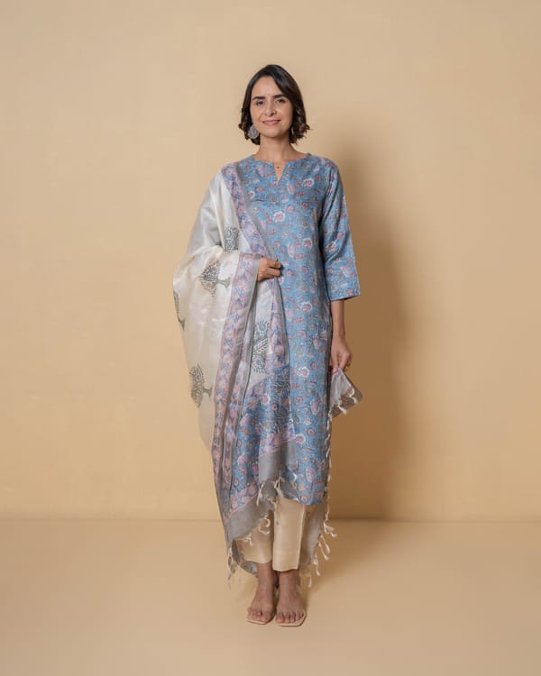 Azure Bloom Block Print Tussar Silk Kurta — Kameez