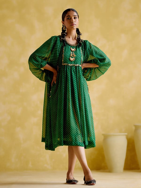 Green Lehriya Printed A-Line Kurta with Embellished Yoke — 5 Elements