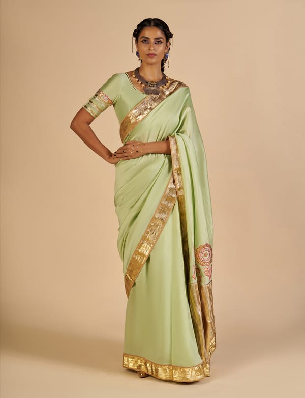 Pista Green Silk Chanderi Saree with Gota Border — Gulabo by Abu Sandeep