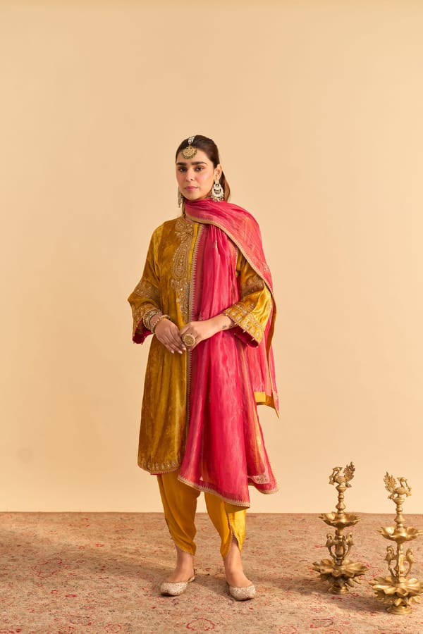 Mustard Velvet A-Line Kurta Set with Tulip Dhoti — Sheetal Batra