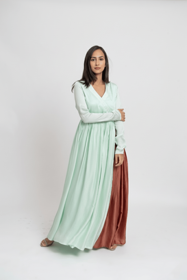Tea Green Colorblocked Angrakha Kurta — Neora