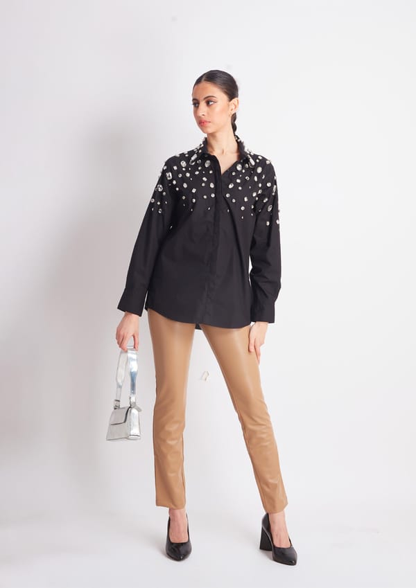 Black Shirt with White Crystal Embroidery — Richa Goenka